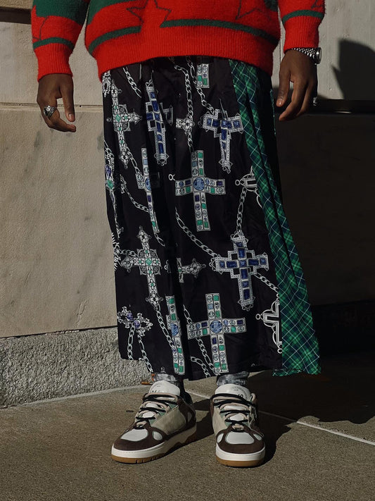 Black Cross Print Plaid Patchwork Wide-Leg Pants