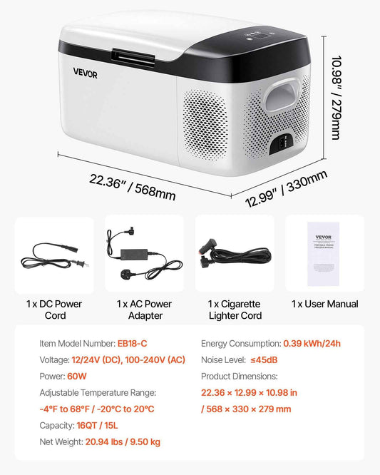 12V Portable Car Fridge Freezer 16QT | App Control, ECO & MAX Mode, 60W