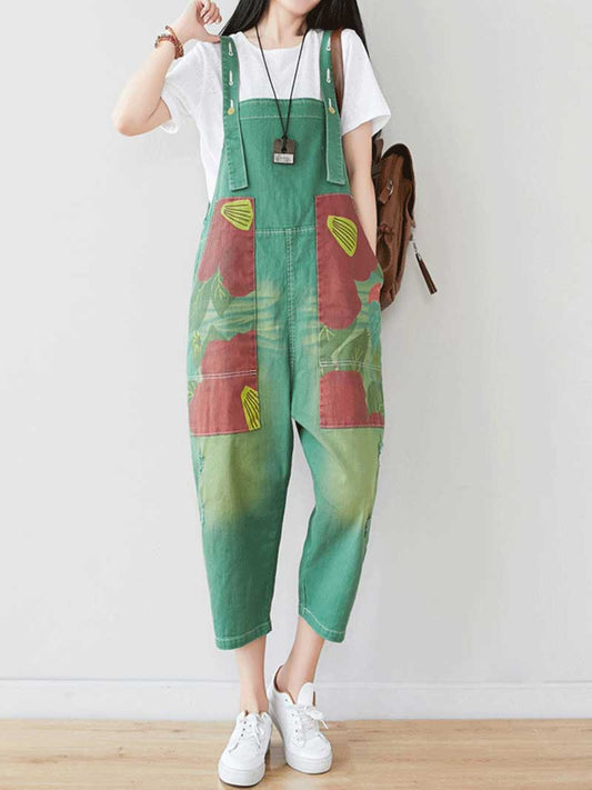 Patchwork Cropped Denim Dungarees with Side Pockets