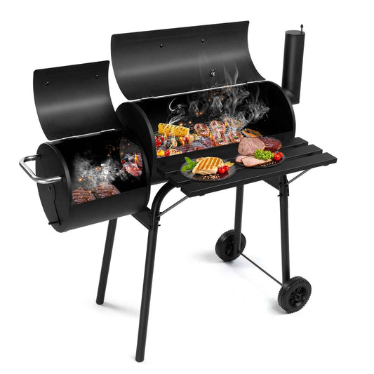 Barrel Charcoal Grill with Offset Smoker – Enamel Rack, Built-In Thermometer, Side Shelf & Wheels