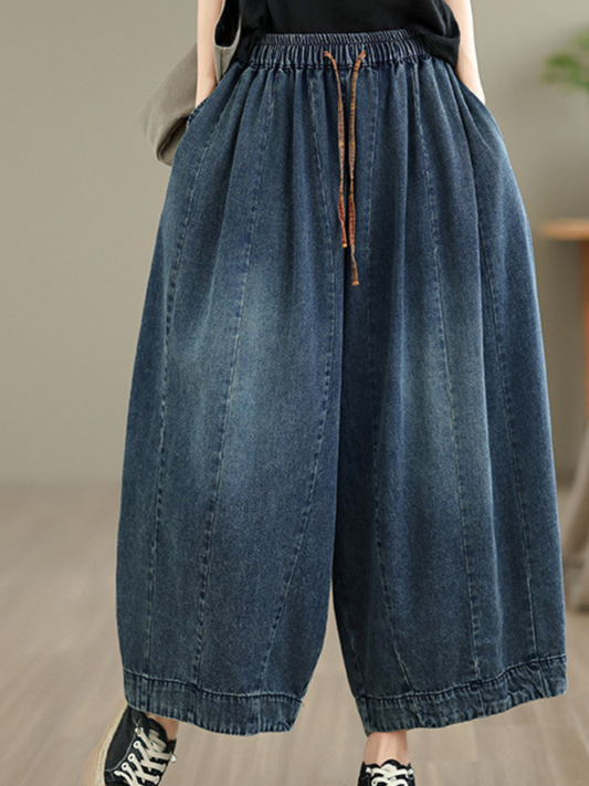 Vintage Denim Cotton Balloon Culotte Pants with Elastic Waist and Pockets