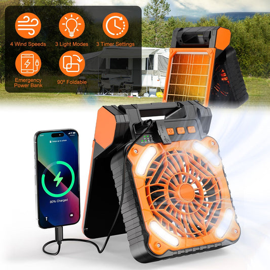 Solar Camping Fan with LED Lantern & 5200mAh Power Bank – 3-in-1 Outdoor Essential