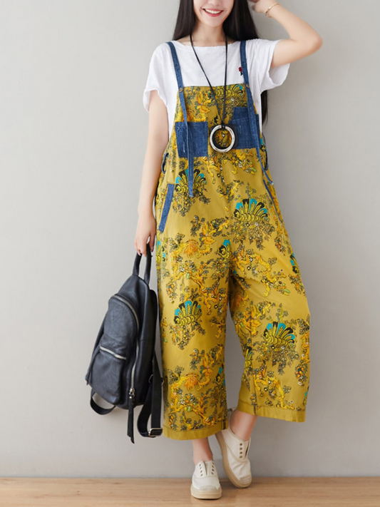 Boho Vintage Print Dungarees with Denim Panels - Cropped Loose Overalls