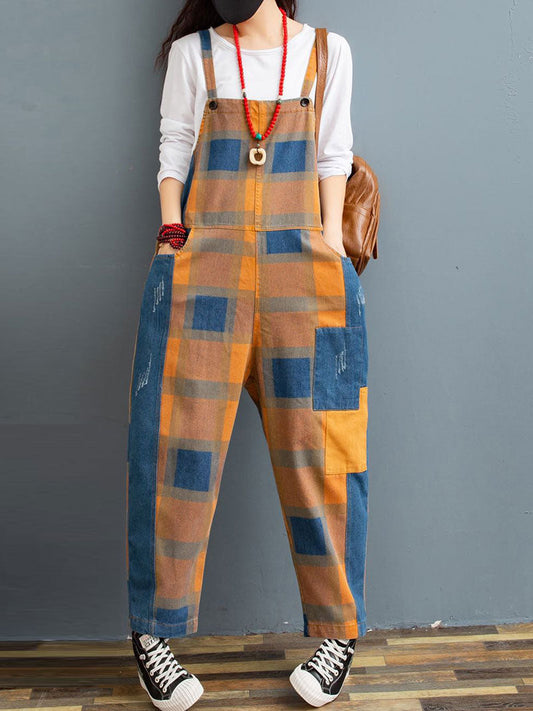 Patchwork Check Denim Dungarees |  Rolled-Hem Utility Fit