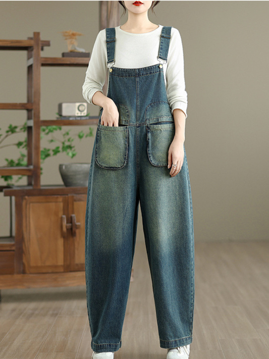 Vintage Wide-Leg Denim Overalls with straps & Pockets | Eva Trends