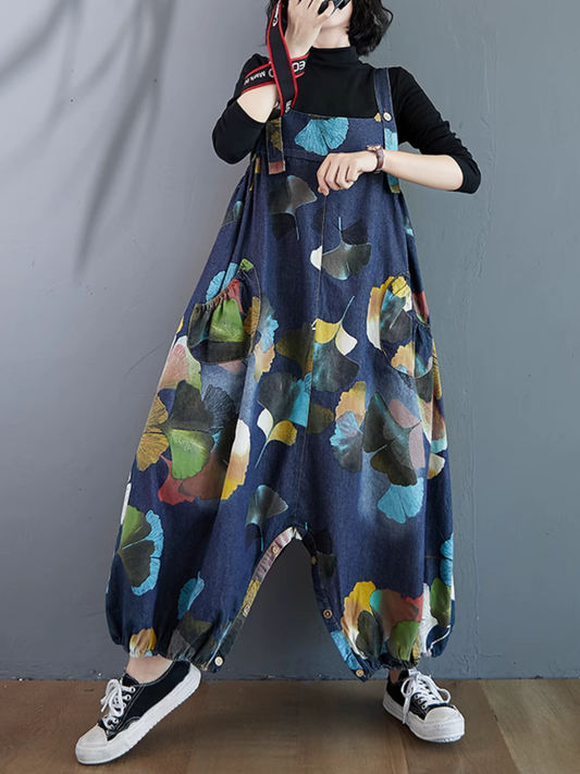 Flowy & Artistic Leaf Print Denim Dungarees for Women | Eva trends