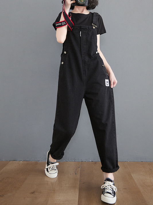 Women's Black Denim Overalls with Side Button Closure