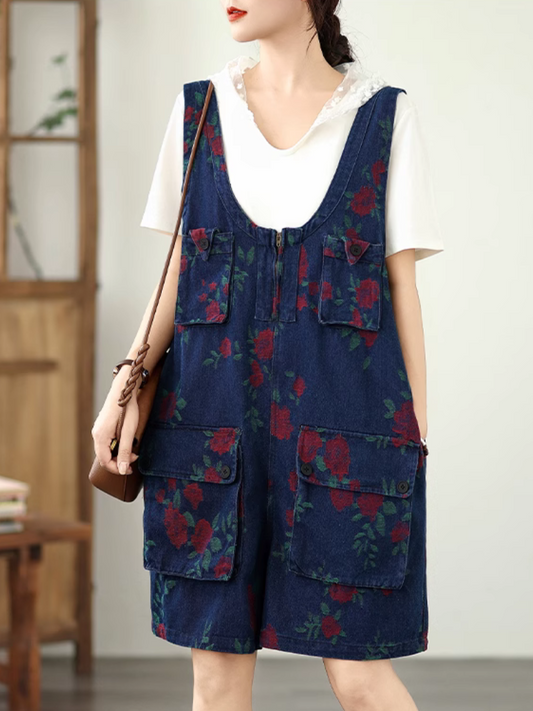 Stylish Women's Printed High-Waist Loose Short Overalls | Eva Trends