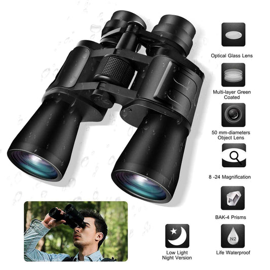 8-24x50 Zoom Binoculars – BAK-4 Prism, FMC Aspherical Lenses, Low-Light & Tripod Ready