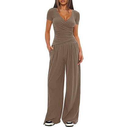 2 Pieces Women's V Neck Short-sleeve Sportswear Top And Wide-leg Pants Set Casual Comfortable Outfit Set For Daily Wear Gym Sports Outfit