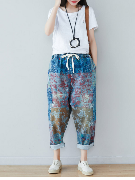 Women's Summer Perfect & Comfy Baggy Style Printed Denim Bottom