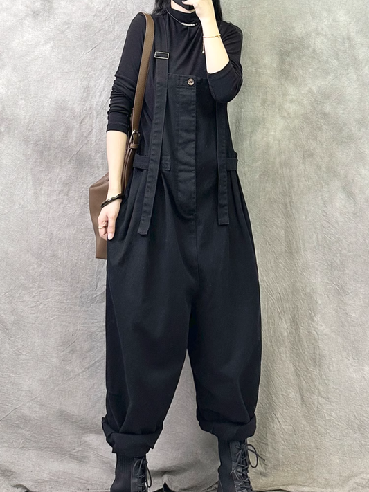 Women's Loose Barrel Leg Overalls with Side Buckle Straps