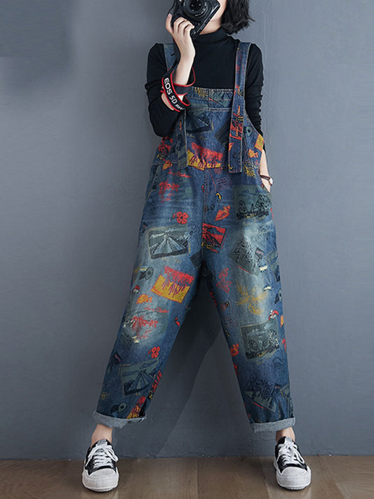 Postcard Print Denim Dungarees with Barrel Leg Shape