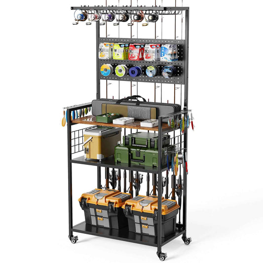 Rolling Fishing Rod & Tackle Organizer Cart with Pegboard – Multi-Tier, Lockable Wheels