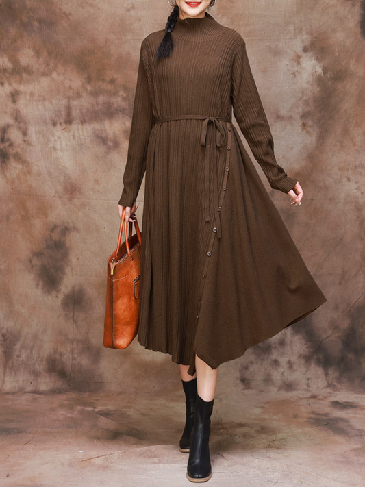 Solid Color Collar A-Line Dress with Thin Belt for Women