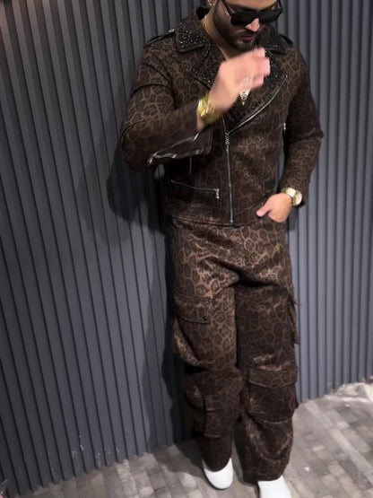 Brown Leopard Print Biker Jacket And Cargo Pants Two-Piece Set