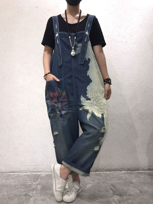 Artistic Floral Denim Dungarees - Distressed Wide-Leg Fit