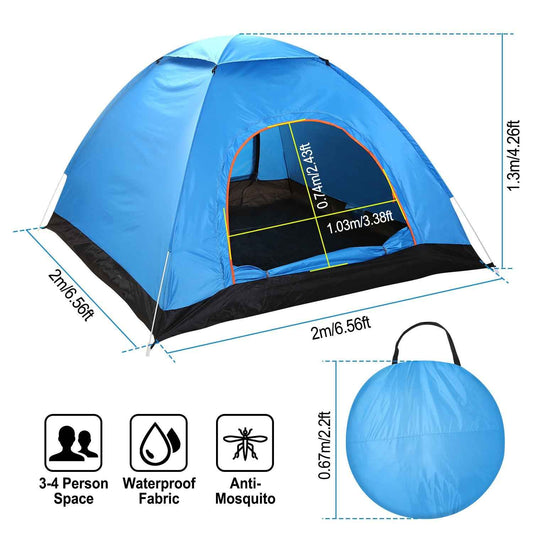 Pop-Up Camping Tent – 3-4 Person, Instant Setup with Mosquito Net & Carry Bag