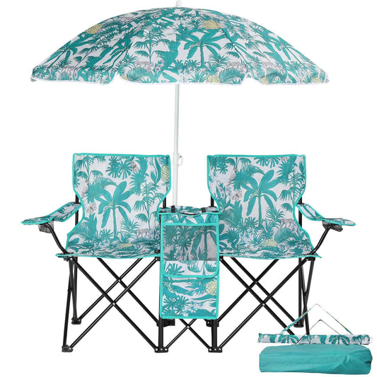 Folding Double Camp Chair with Removable Umbrella – Cup Holders, Cooler Bag & Carry Bag for Beach & Outdoors