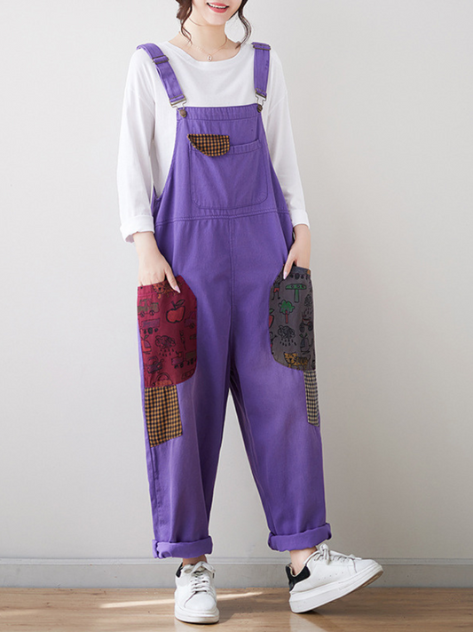 Relaxed Fit Purple Overalls with Contrast Pattern Pockets