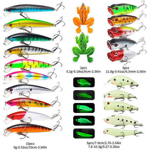 22-Piece Hard & Soft Fishing Lure Set – Popper, Minnow, Frog, VIB, Pencil, 100mm