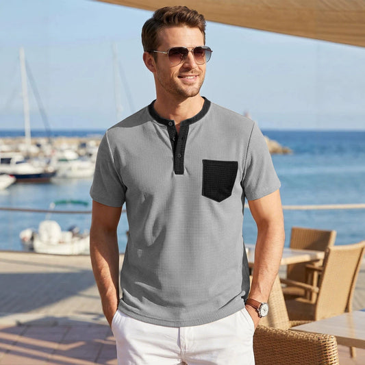 Men's Color-Block Waffle-Knit Henley T-Shirt with Chest Pocket – 6 Colors