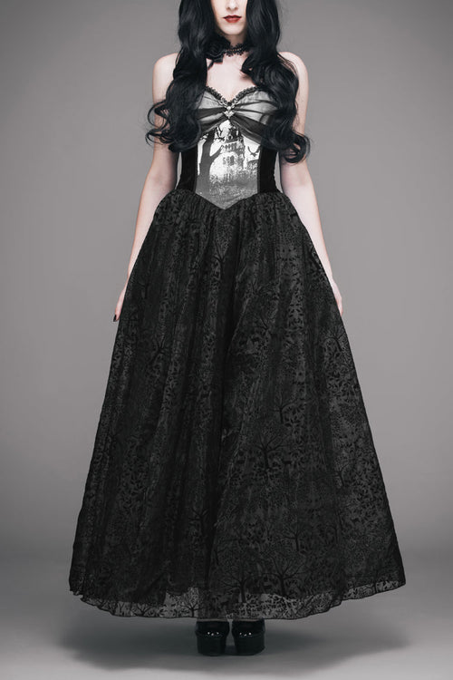 Black Elk Metal Brooch Flocking Print Yarn Floral Women's Gothic Dress