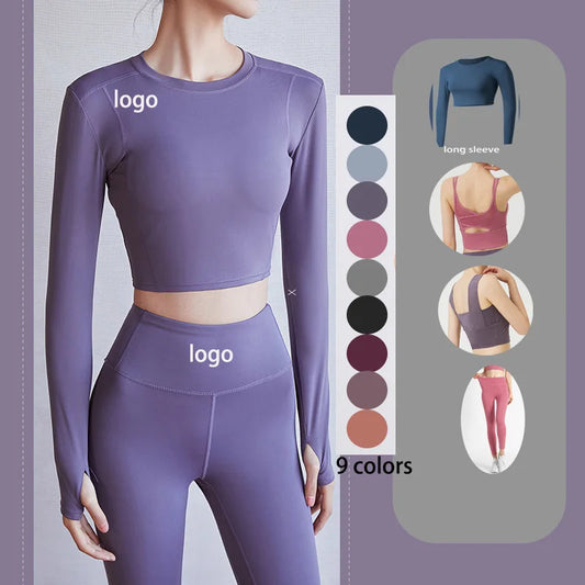 2022 New Sportswear Long Sleeve Top Pants Yoga Suit High Waist Peach Buttocks Seamless Leggings With Mesh Pocket Fitness Gym Set