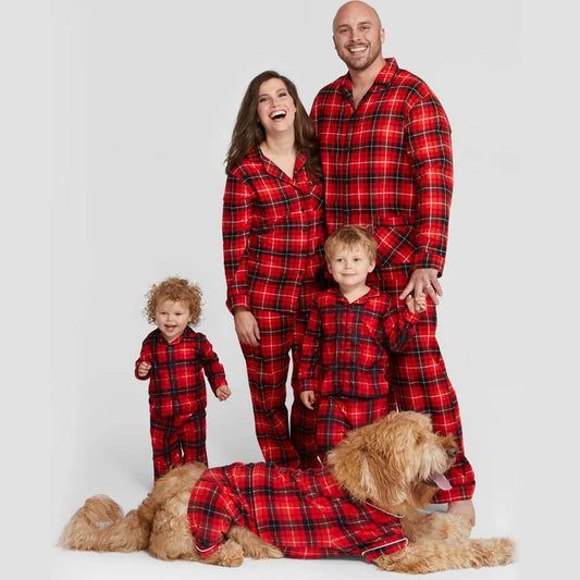 2025 Good Quality Red Color Matching Family Outfits Pajamas Plaid Cotton Baby Christmas Pajamas Pet Family Christmas Pajamas