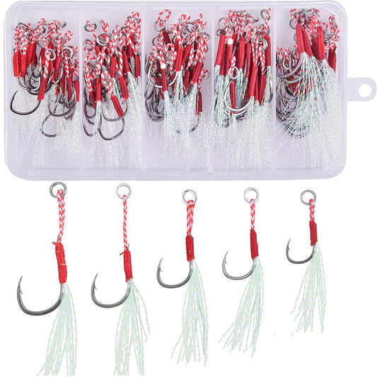 Slow Jig Assist Hooks with Feather – 100pcs, High-Carbon Steel, Sizes 11–15#, Saltwater