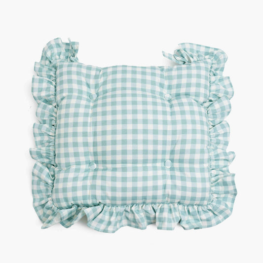 Duck-egg Blue Gingham Ruffle Seat Pad Cushion