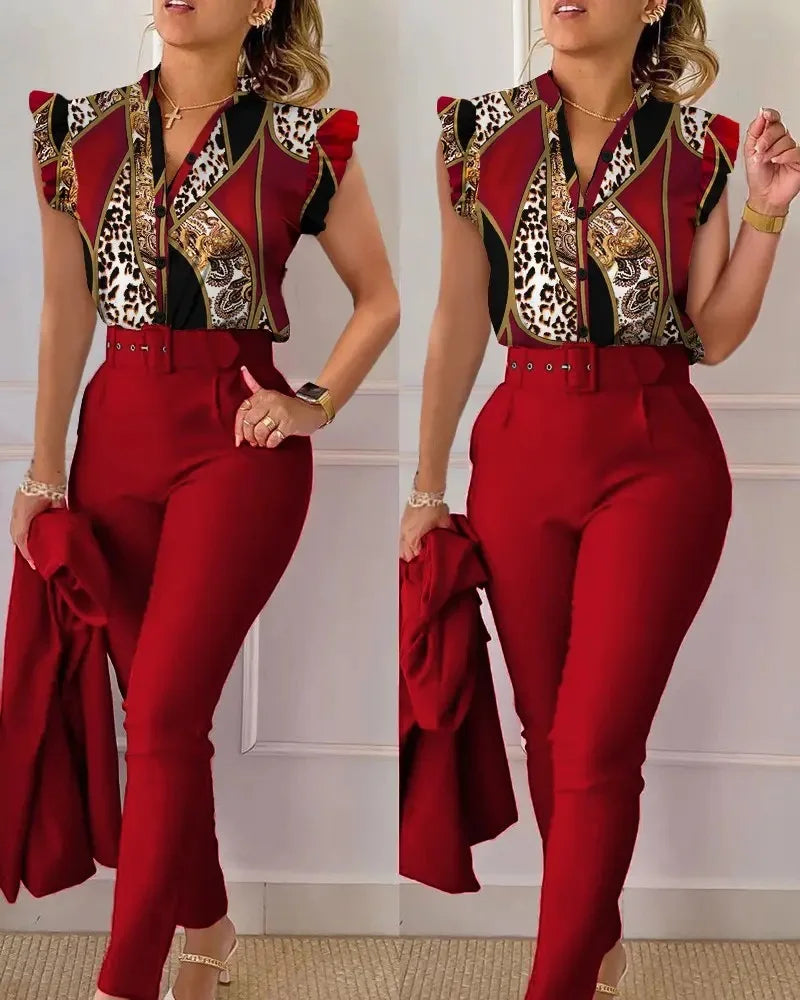 Elegant Women Two Piece Set Suits New Fashion Printed Ruffle Sleeve Top Solid Color Pants Set With Belt  Blouses Female Clothing