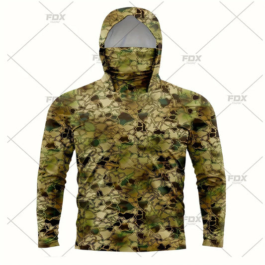 Army Green Camo Colorful Hoodie with Face Mask UV 50+Gaiter Fishing Clothing Men's Long sleeved Breathable Quick Drying T-shirt