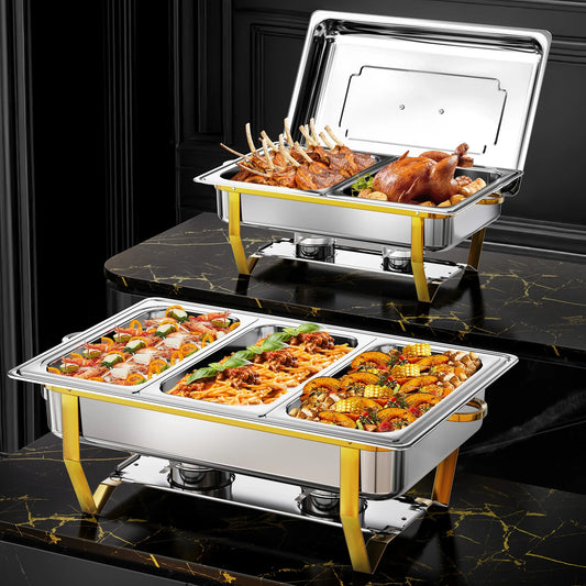 8QT Stainless Steel Chafing Dish Set – Gold, Single/Double/Triple Compartments, 2 or 4 Pack