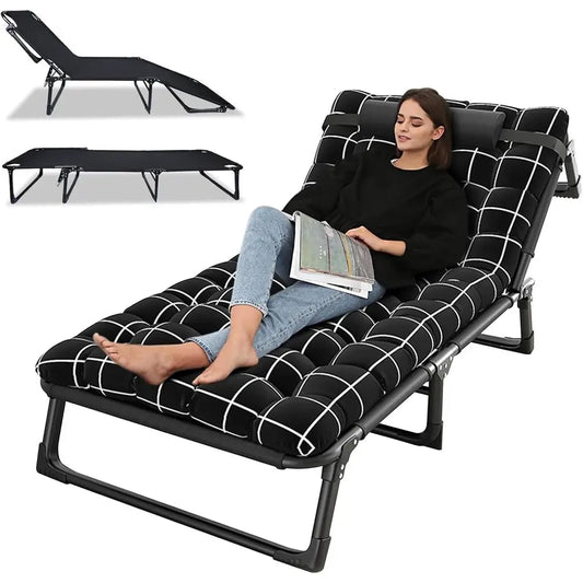 Adjustable Portable Folding Cot with Cozy Mattress and Pillow for Camping, RV Trips, Beach, and Outdoor Naps, Black