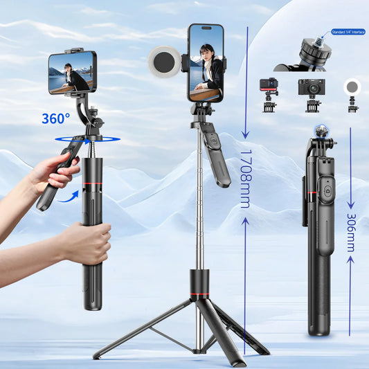 BSLIUFANG 2025 new 1.7M 360° rotation selfie stick tripod foldable stand with Wireless Bluetooth remote control for phone camera
