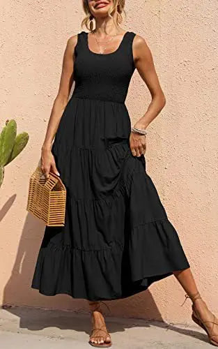 Dresses For Women 2024 Summer Sexy Elegant Sleeveless Floral Solid Color Long Dress Fashion Elastic Waist Beach Party Big Swing