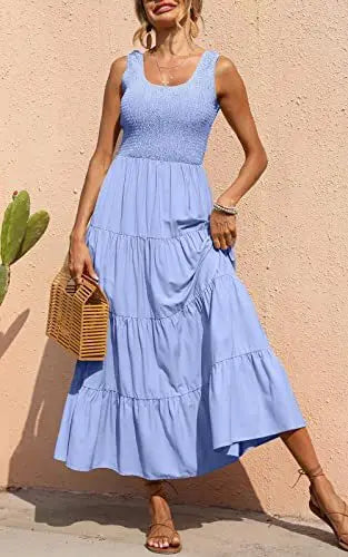 Dresses For Women 2024 Summer Sexy Elegant Sleeveless Floral Solid Color Long Dress Fashion Elastic Waist Beach Party Big Swing