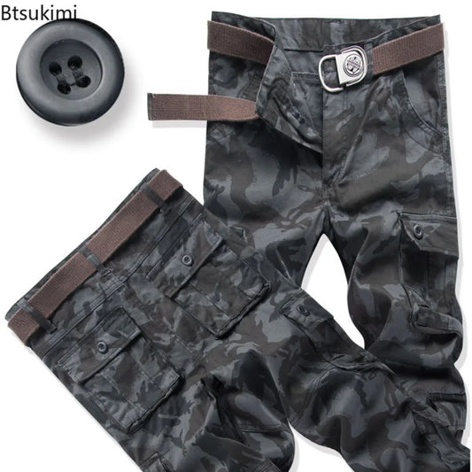 Men's Cotton Cargo Pants – Loose Fit, Multi-Pocket, Camo & Black, Waist 31-36