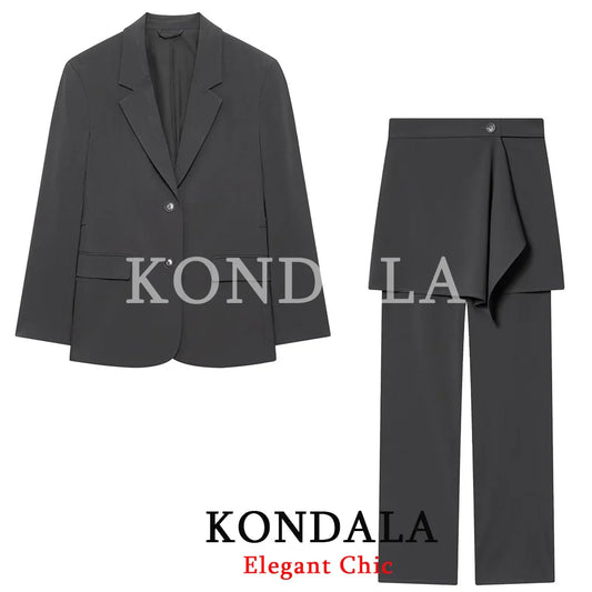 KONDALA Women Office Lady Trendy Blazer Set Belt Blazer Waist Skirt Design Pants New Fashion 2026 Spring Chic Commute Mujer Set