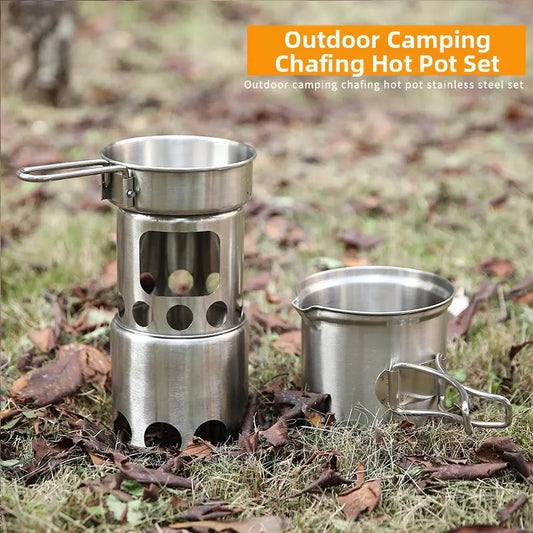 Portable Stainless Steel Wood Burning Camp Stove Set with 304 Cookware Pot for Outdoor Camping New