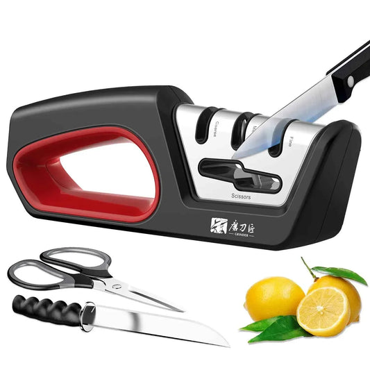 Four in one kitchen sharpener restores serrated blade knives and scissors, diamond tungsten steel