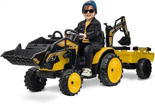 24V 3-in-1 Ride-On Tractor with Excavator & Bulldozer Modes — Kids Electric Construction Vehicle with Trailer, Digger, Shovel Bucket, Parent Remote Control, LED Lights, Music & USB, Battery