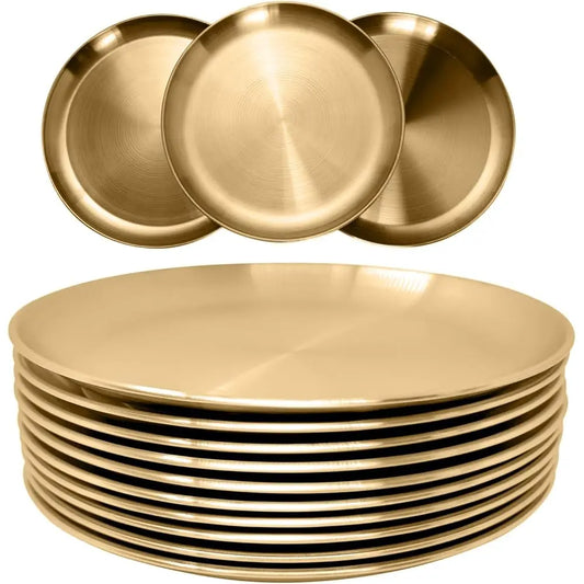 Gold Stainless Steel Dinner Plates – 304 Steel, 9-Inch, Set of 10, Dishwasher Safe