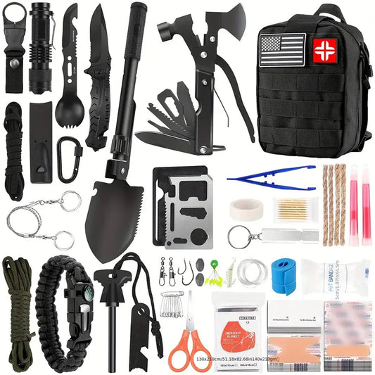 142-Piece Camping Survival Kit – First Aid, Fishing & Survival Gear with MOLLE Pouch