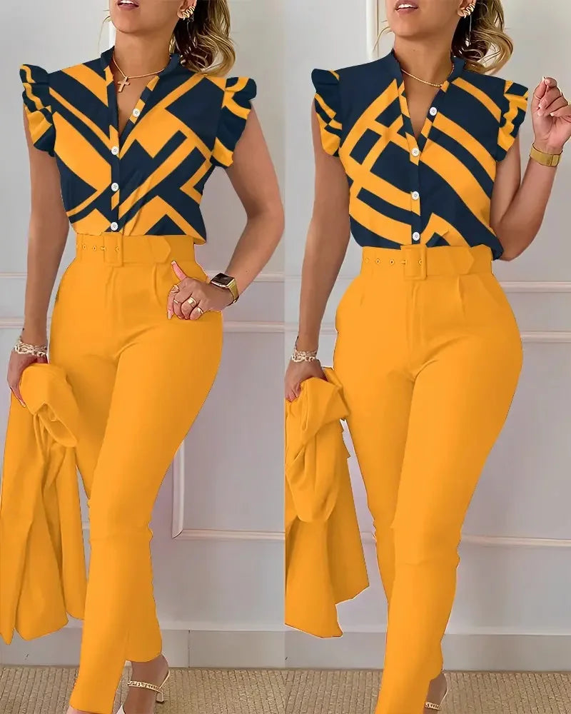 Elegant Women Two Piece Set Suits New Fashion Printed Ruffle Sleeve Top Solid Color Pants Set With Belt  Blouses Female Clothing