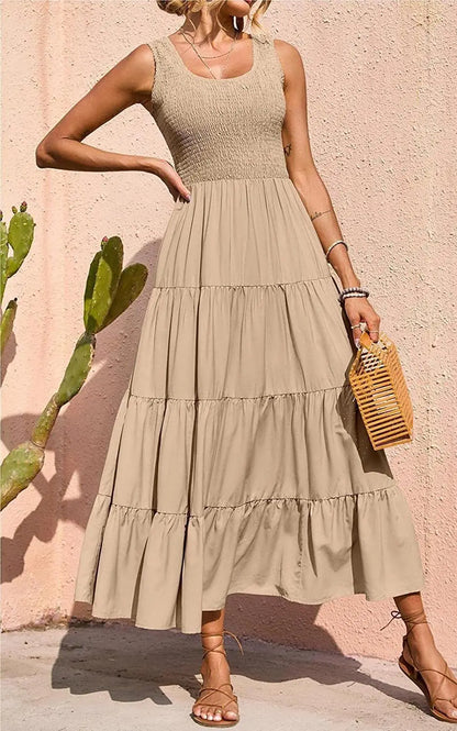 Dresses For Women 2024 Summer Sexy Elegant Sleeveless Floral Solid Color Long Dress Fashion Elastic Waist Beach Party Big Swing