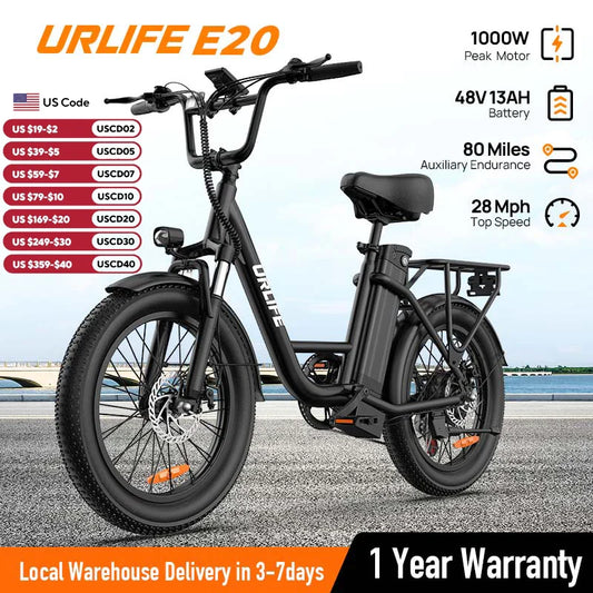1000W Electric Bike – 48V 13Ah Removable Battery, 20″×3" Fat Tire, 7-Speed, Dual Disc Brakes