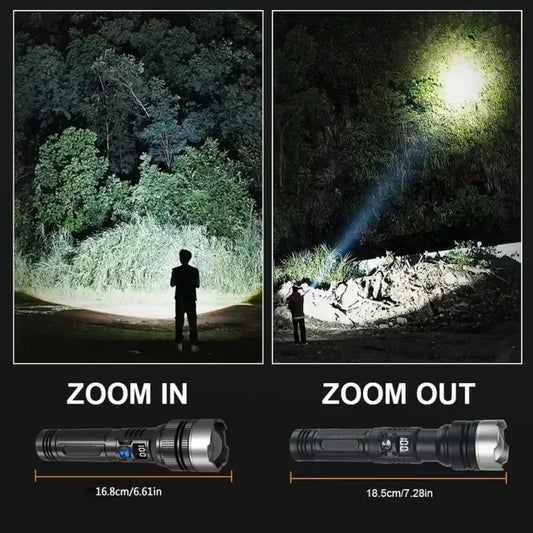 Powerful LED Flashlight – Adjustable Zoom, Digital Battery Display, USB-C Rechargeable