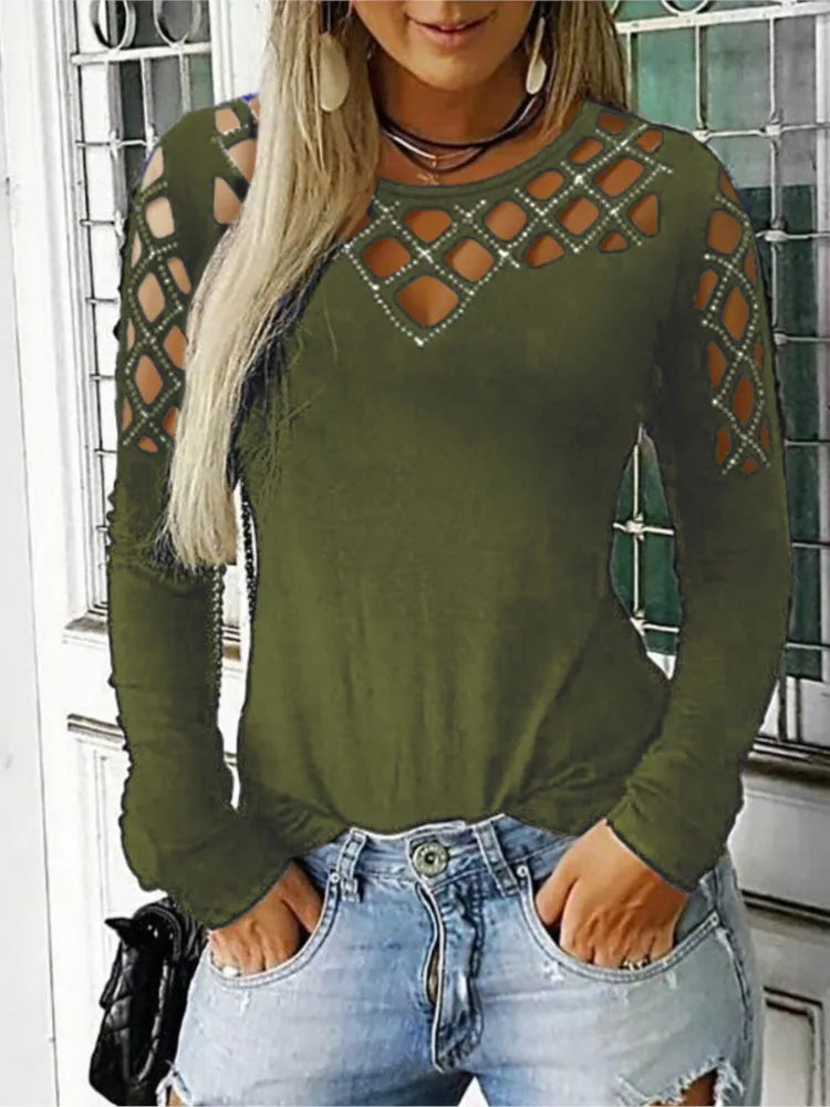 Autumn Winter New Women's Fashion Solid Color Hollow Diamond Splicing Long Sleeve T-shirt Casual Comfortable Top For Women